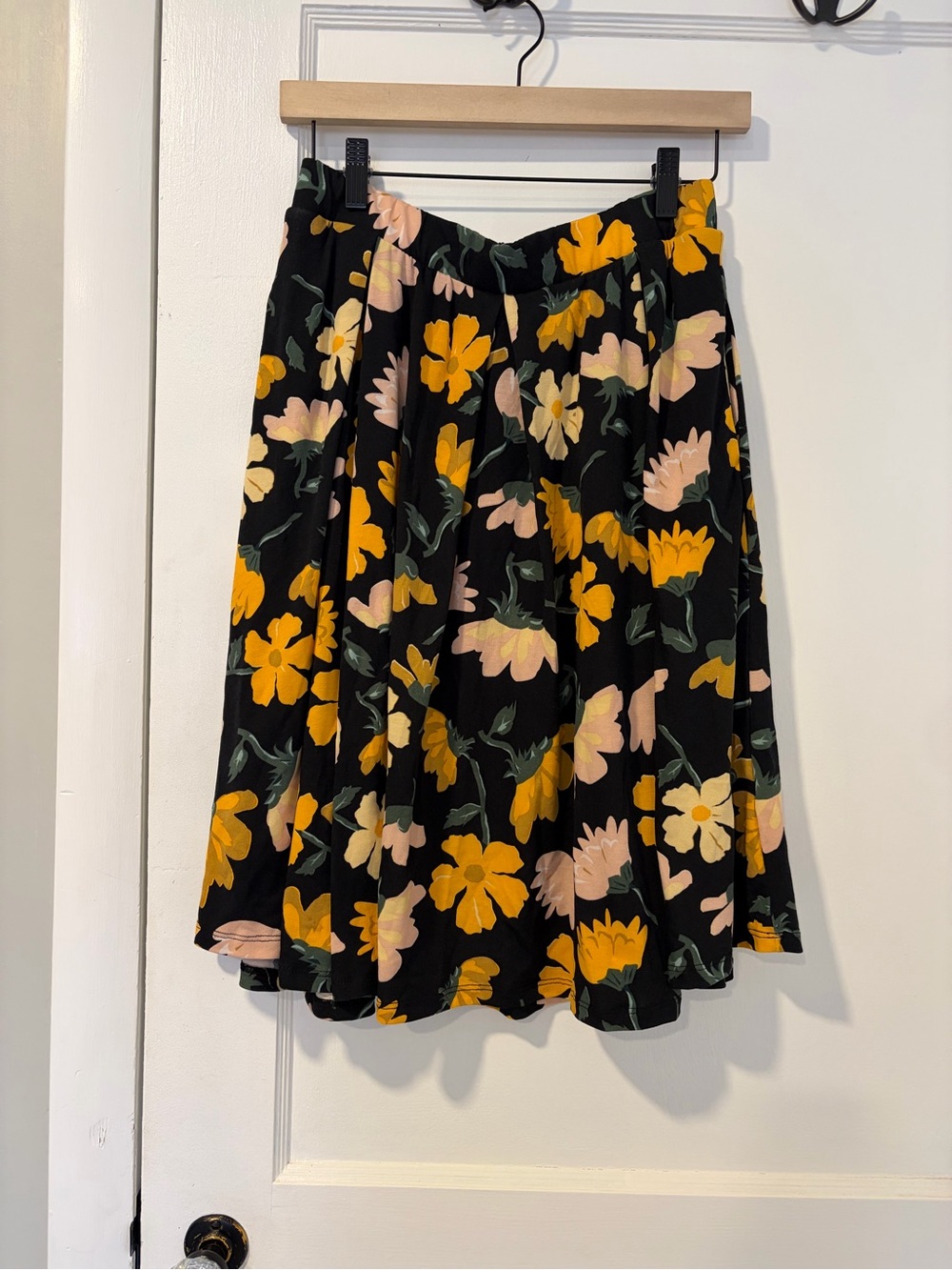 LuLaRoe Black Midi Skirt with Yellow & Pink Floral Print